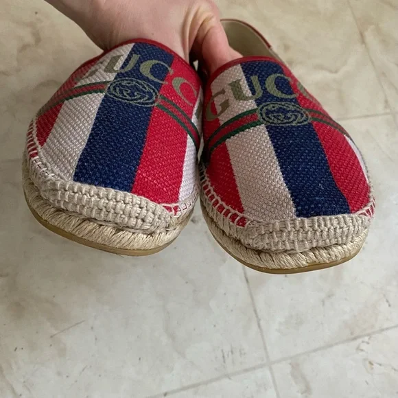 Gucci Sylvie Stripes Interlocking G Logo Canvas Leather Espadrilles Flats size 8 - Picture 7 of 12